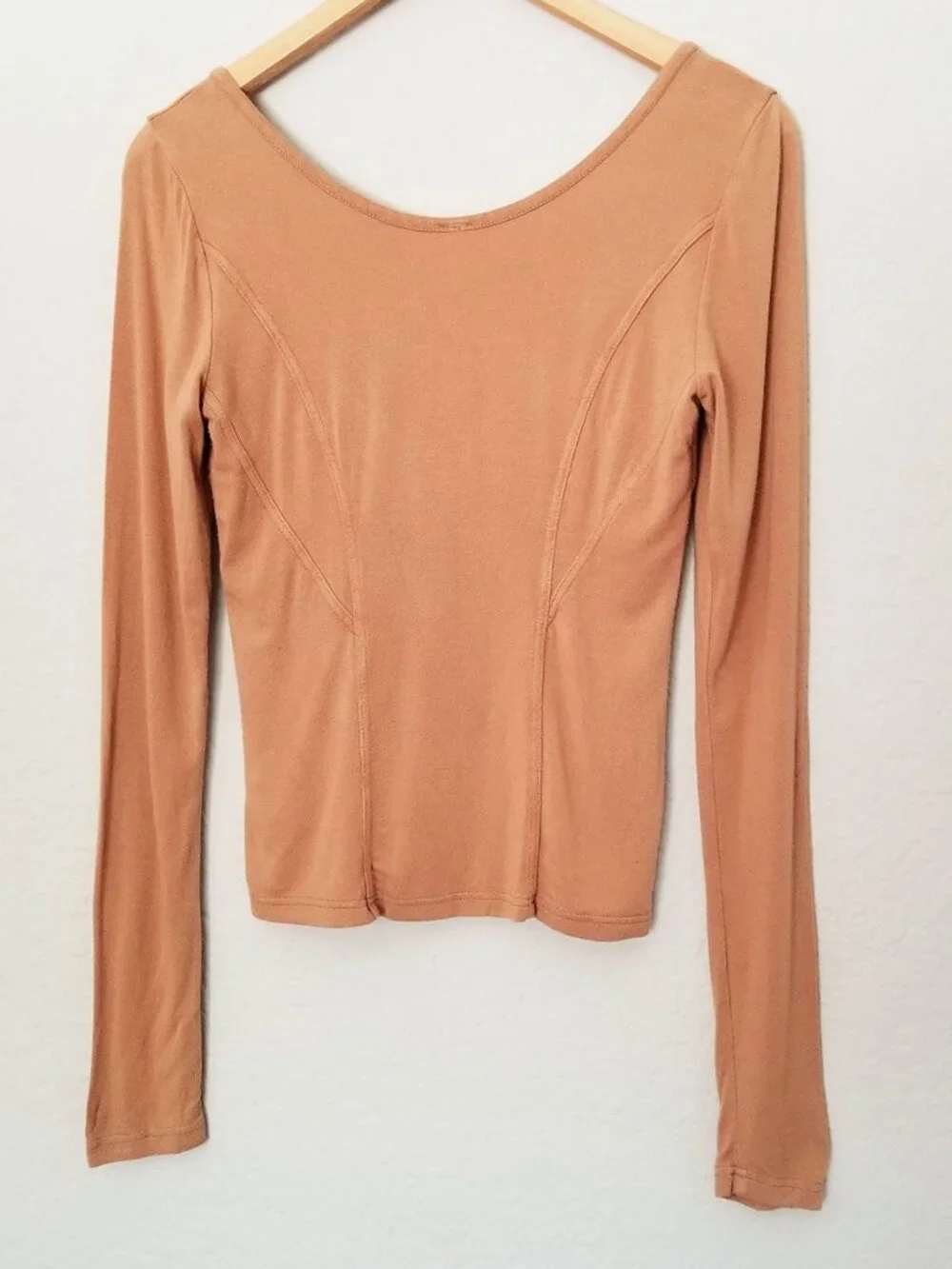 Free People Lace Coset Inset Sweetheart Long Sleeves Top M Camel Stretch Knit